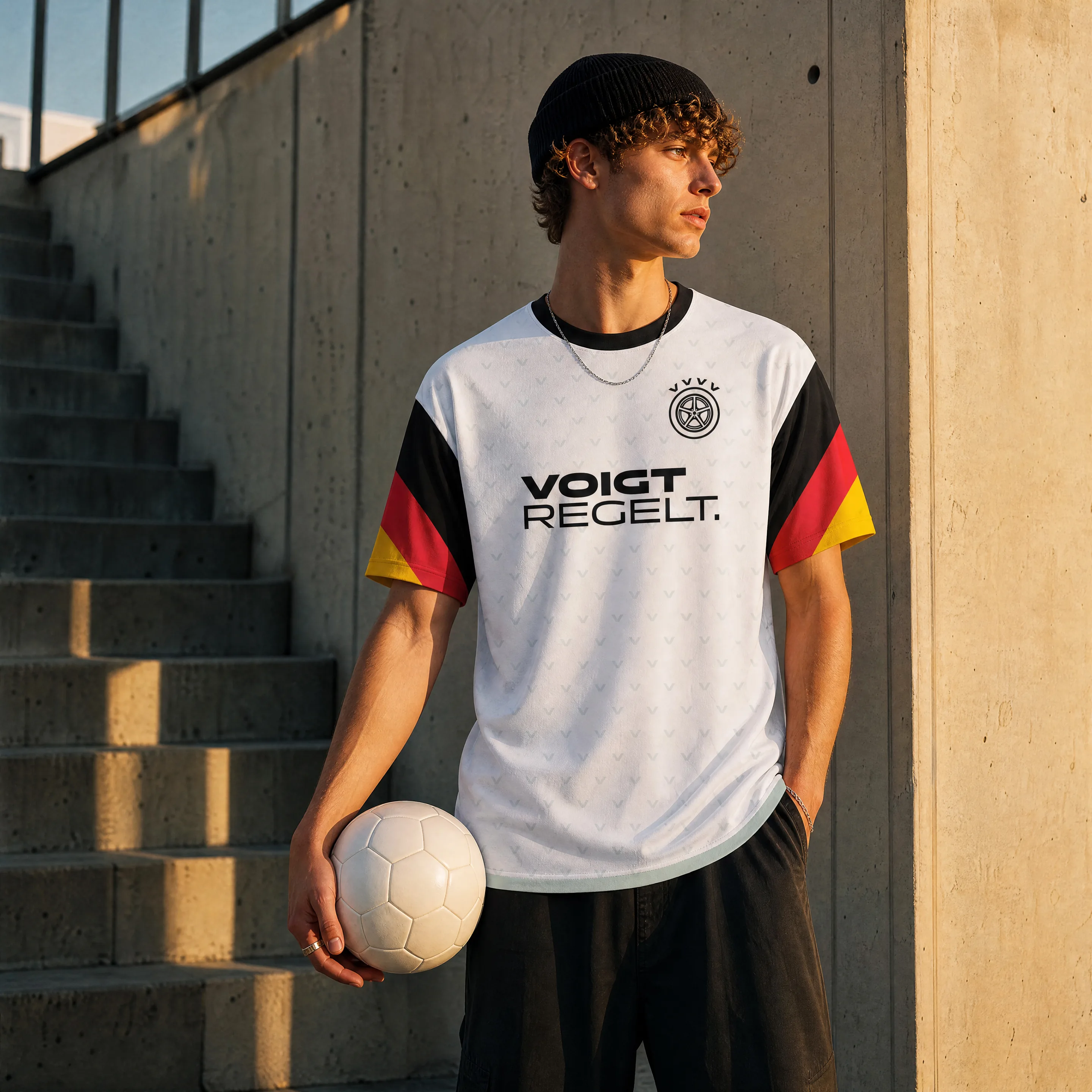 Junger Mann im Schwarz-Voigt-Gold-Trikot mit Fußball